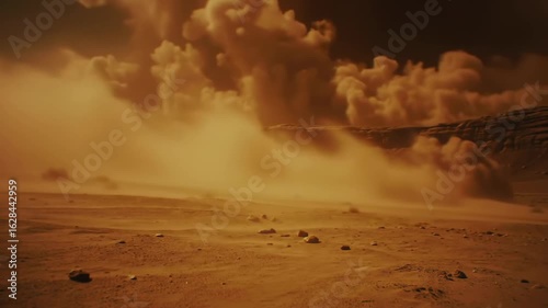 Dust and sand swirling in the air across empty desert landscape. Harsh climate concept.
