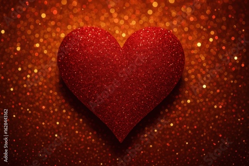 A radiant heart of love shines amidst a sea of sparkling red glitter