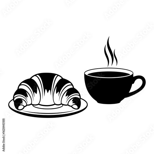 A black and white illustration of a croissant and a cup of steaming coffee