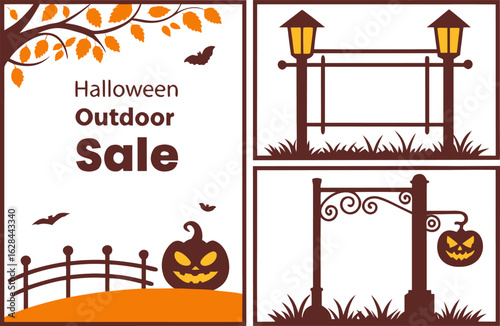 Illustration of halloween outdoor sale sign with pumpkin, bats, tree and decorative lamp post designs