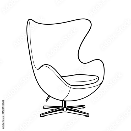 Illustration of a modern egg chair with a swivel base in black and white