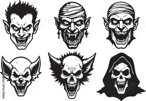 Scary monster faces for Halloween and horror themes
