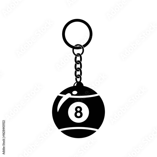 Illustration of a black eight ball keychain with a ring and chain link
