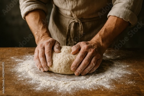 A Baker's Handcrafts Dough on a Wooden Table