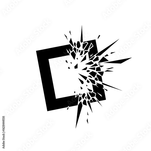 Black square frame with shattered glass effect on a plain white background