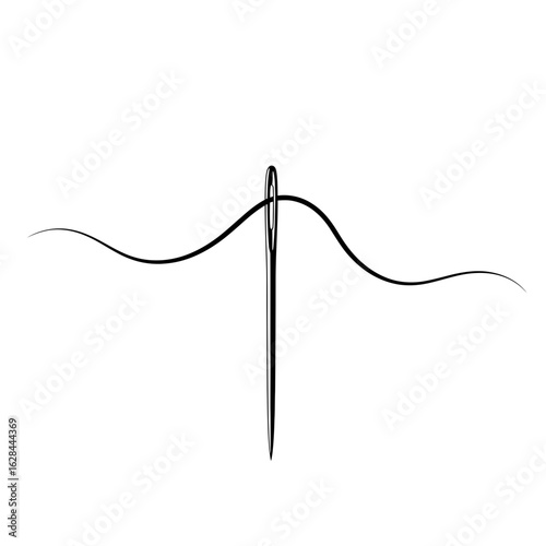 A simple line drawing of a needle with thread passing through the eyelet