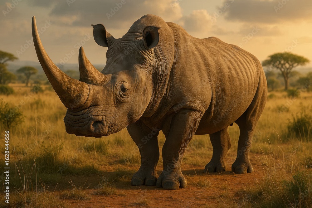 Fototapeta premium A lone rhinoceros stands majestically in a golden savanna at sunset, its silhouette etched against the vibrant sky