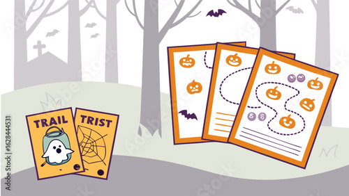 Halloween themed trail and trick or treat game cards with spooky forest background and flying bats for festive autumn fun