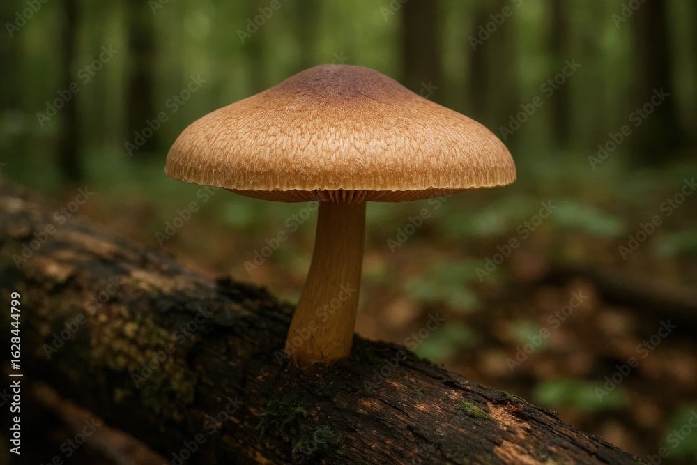 Fototapeta premium A lone mushroom stands in the heart of a forest, its cap casting a soft shadow on the moss-covered log beneath it