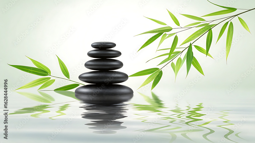 Naklejka premium Zen stones and bamboo plants are used for relaxation and balance in a spa setting