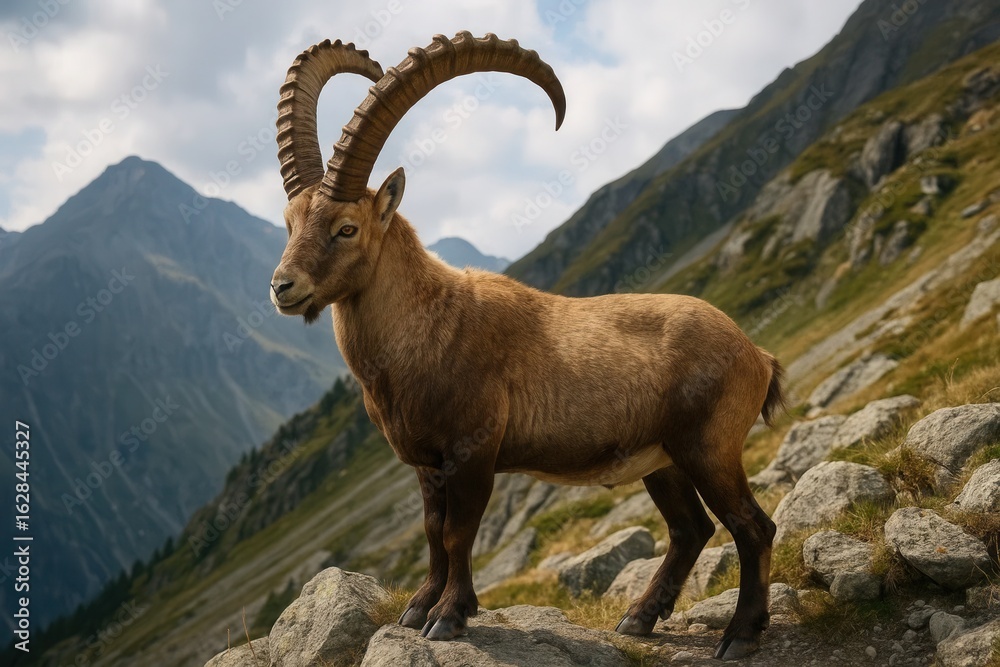 A majestic mountain goat stands tall on a rugged cliff, its gaze piercing through the clouds as it surveys the vast expanse of the alpine landscape A majestic mountain goat stands tall on a rugged cliff, its gaze piercing through the clouds as it surveys the vast expanse of the alpine landscape