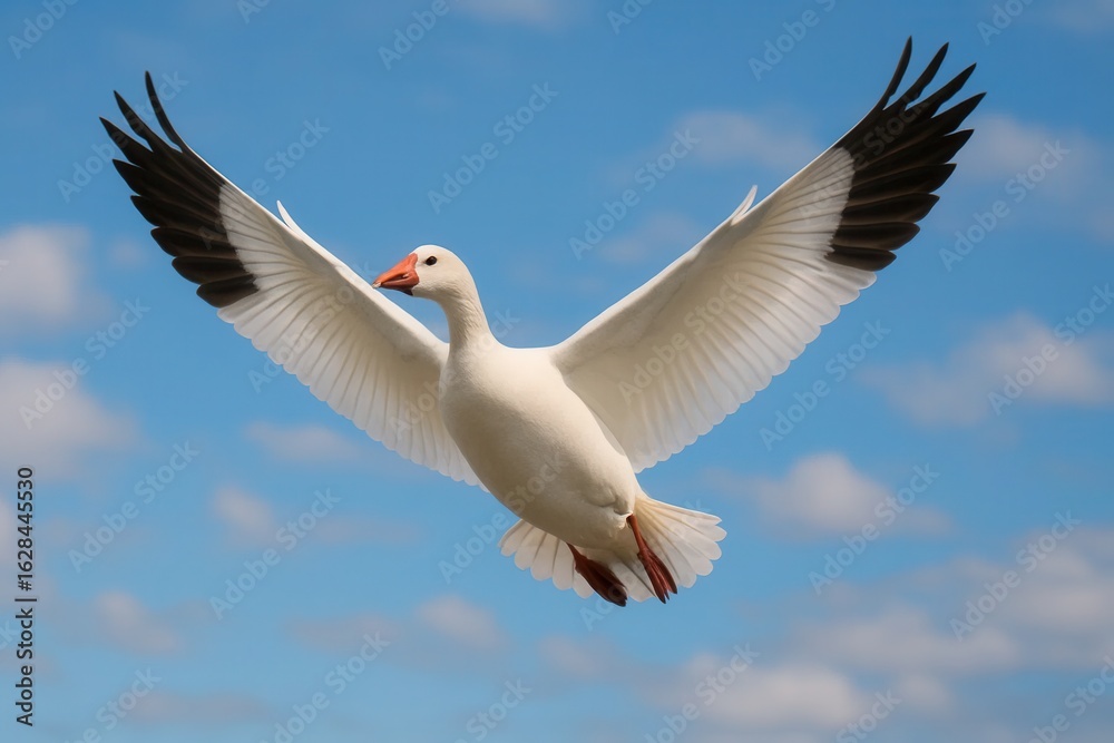 Obraz premium A White Goose Soars High in a Blue Sky