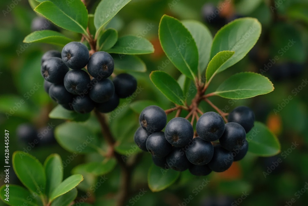 A close-up of dark purple berries on a lush green bush, capturing the essence of nature's bounty A close-up of dark purple berries on a lush green bush, capturing the essence of nature's bounty