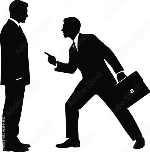 Business confrontation, office conflict, two businessmen disagreement, workplace tension, pointing gesture, briefcase, leadership dispute, intense discussion, office drama,