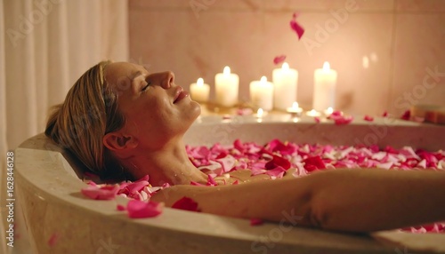 Serene Woman Relaxing in Rose Petal Bath with Romantic Candlelight Glow