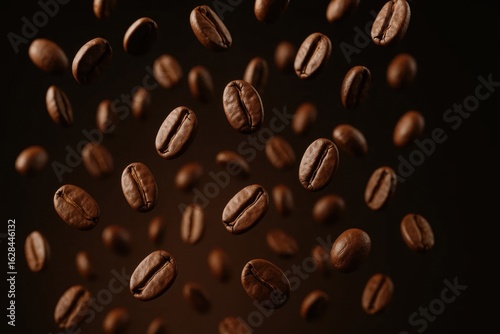 An array of coffee beans in motion against a dark backdrop, symbolizing the journey from farm to cup