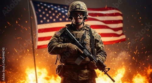 An illustrated military soldier marches with a rifle in a fiery war zone, with other soldiers and a large American flag in the background. Ideal for war and military themes