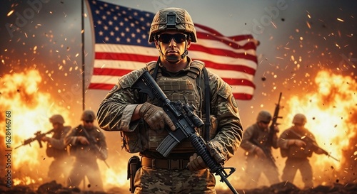 An illustrated military soldier marches with a rifle in a fiery war zone, with other soldiers and a large American flag in the background. Ideal for war and military themes