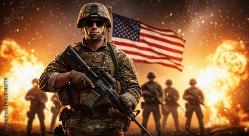An illustrated military soldier marches with a rifle in a fiery war zone, with other soldiers and a large American flag in the background. Ideal for war and military themes