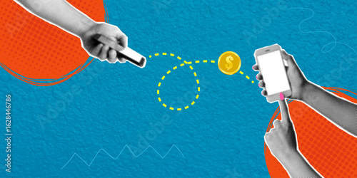 Trendy halftone pop art collage. Two hands holding mobile phones, transferring money between accounts on blue background. Transferring money using e-wallet.