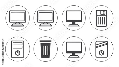 Hand-drawn computer icons:  desktop, tower, monitor, floppy disk, recycle bin, minimalist style, grayscale, technology concept.
