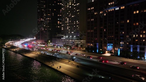Aerial photograph of Lake Shore Drive at night in Chicago, Illinois, USA. 