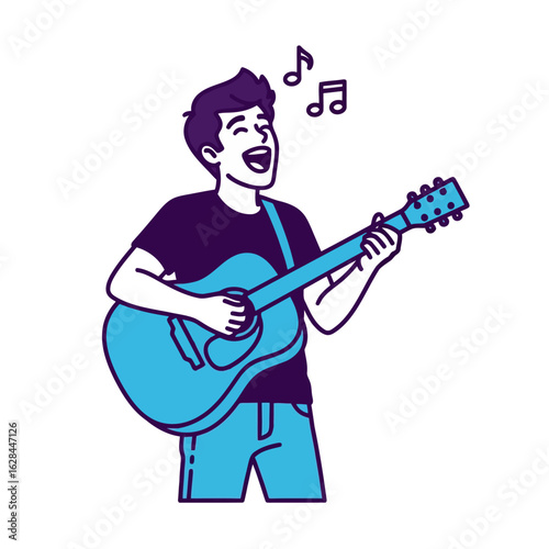 A joyful man playing an acoustic guitar and singing with musical notes floating around him, isolated on white background