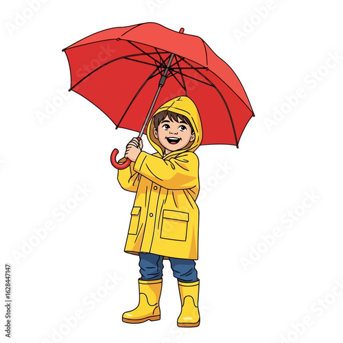 A happy child in a yellow raincoat and boots holding a red umbrella, enjoying a rainy day, isolated on white background