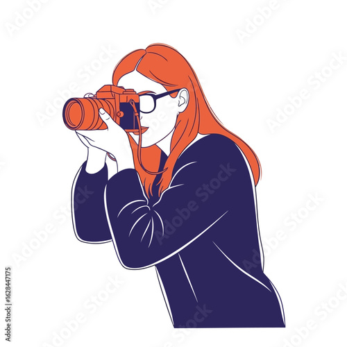 A woman with glasses taking a photo with a camera, isolated on white background, representing photography and creativity