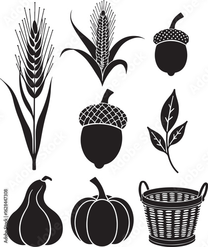 Harvest bounty icons wheat acorns pumpkin gourd basket fall season