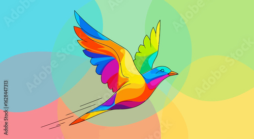A vibrant, colorful bird with outstretched wings soars against a soft, gradient background