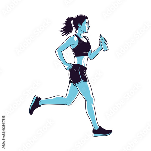 Fit woman running with a water bottle, isolated on white background