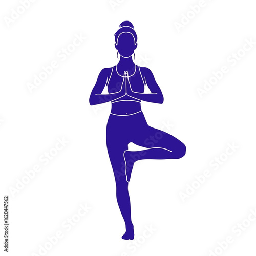Silhouette of a woman performing the tree pose in yoga, isolated on white background