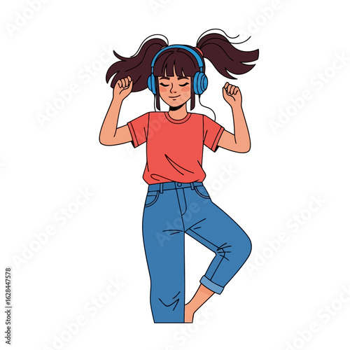 A young girl with headphones happily dancing to music, isolated on white background