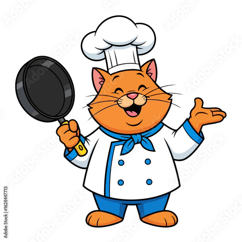 A cheerful cartoon cat chef wearing a chef hat and uniform, holding a frying pan, isolated on white background
