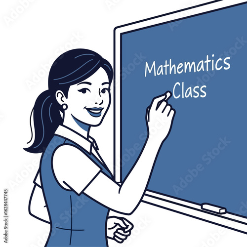 A female teacher writing mathematics class on a chalkboard in a classroom, isolated on white background