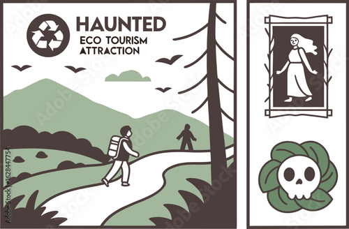 Explore a mysterious haunted eco tourism attraction with hikers encountering spectral figures and eerie symbols in a stylized natural landscape