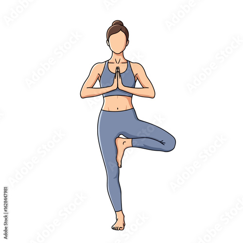 Woman performing the tree pose in yoga, isolated on white background