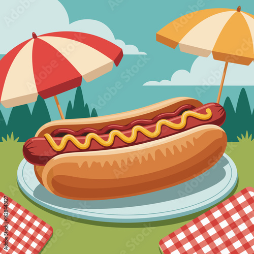 Hot Dog with Mustard and Pickles – Picnic Vector Illustration
