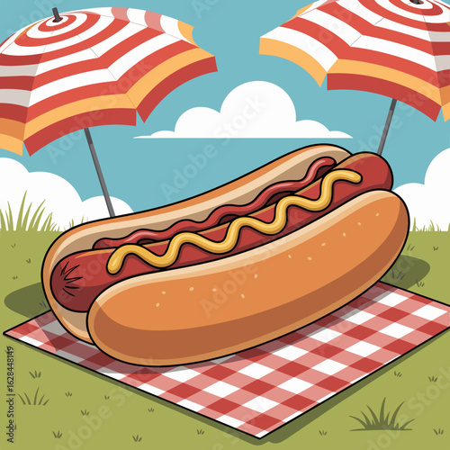 Hot Dog with Mustard and Pickles – Picnic Vector Illustration
