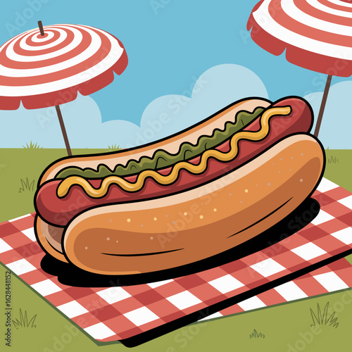 Hot Dog with Mustard and Pickles – Picnic Vector Illustration