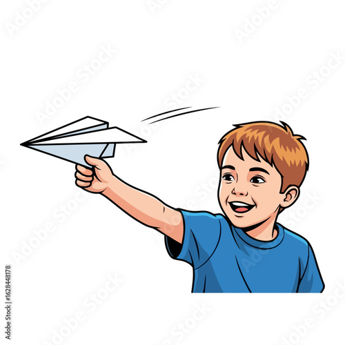 Young boy happily throwing a paper airplane, enjoying outdoor childhood play, isolated on white background