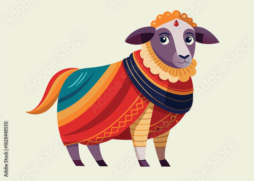 Elegant Sheep in Traditional Sari Richly Colored Cultural Vector Illustration for Fashion and Festive Branding 
