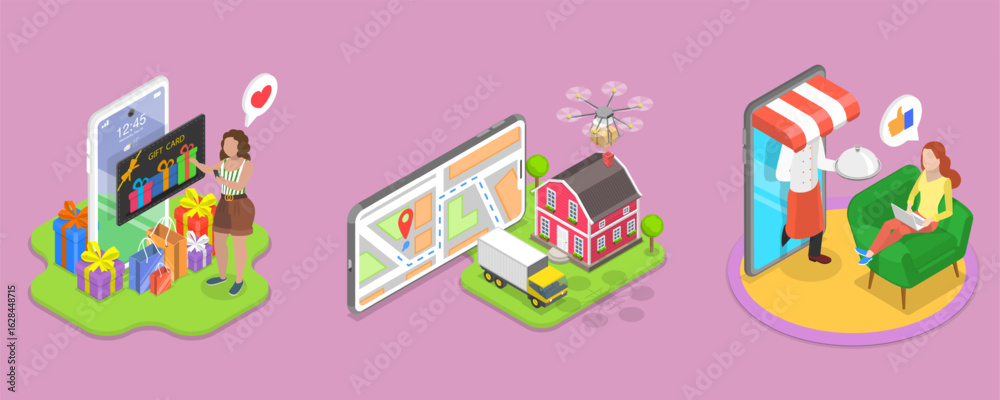 Naklejka premium 3D Isometric Flat Vector Illustration of Digital Gift Voucher, Online Shopping and Global Delivery