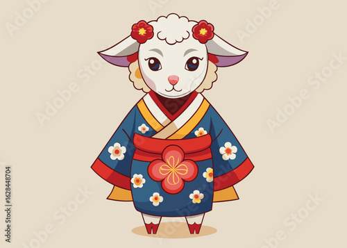 Graceful Sheep in Traditional Japanese Kimono Cultural Vector Illustration with Floral Patterns and Elegant Details 