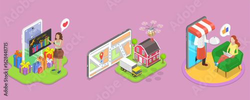 3D Isometric Flat Vector Illustration of Digital Gift Voucher, Online Shopping and Global Delivery