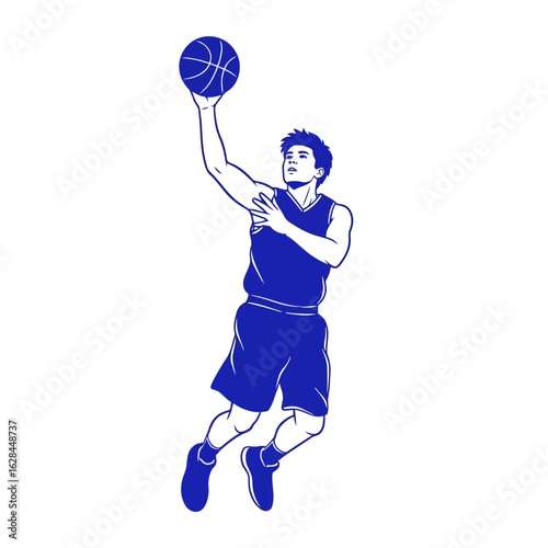 Silhouette of a basketball player in midair, about to shoot the ball, showcasing athletic skill and determination isolated on white background