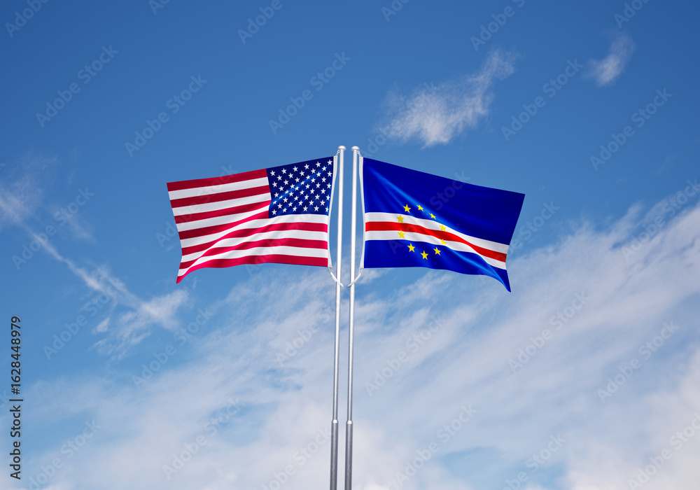 Fototapeta premium flags of Cabo Verde and United States of America over blue sky background.