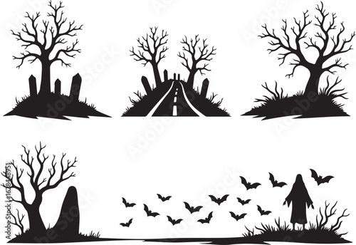 Spooky Halloween scenes with dead trees, graves, bats, and cloaked figure