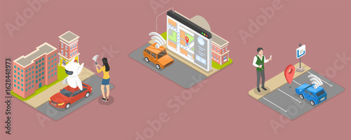 3D Isometric Flat Vector Illustration of Driver Assistant System, Autonomous Vehicles